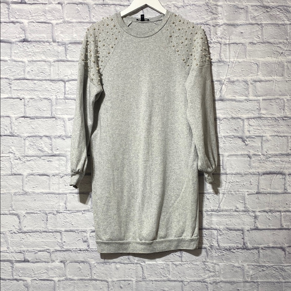 Express Light Gray Embellished Long Sleeve Dress